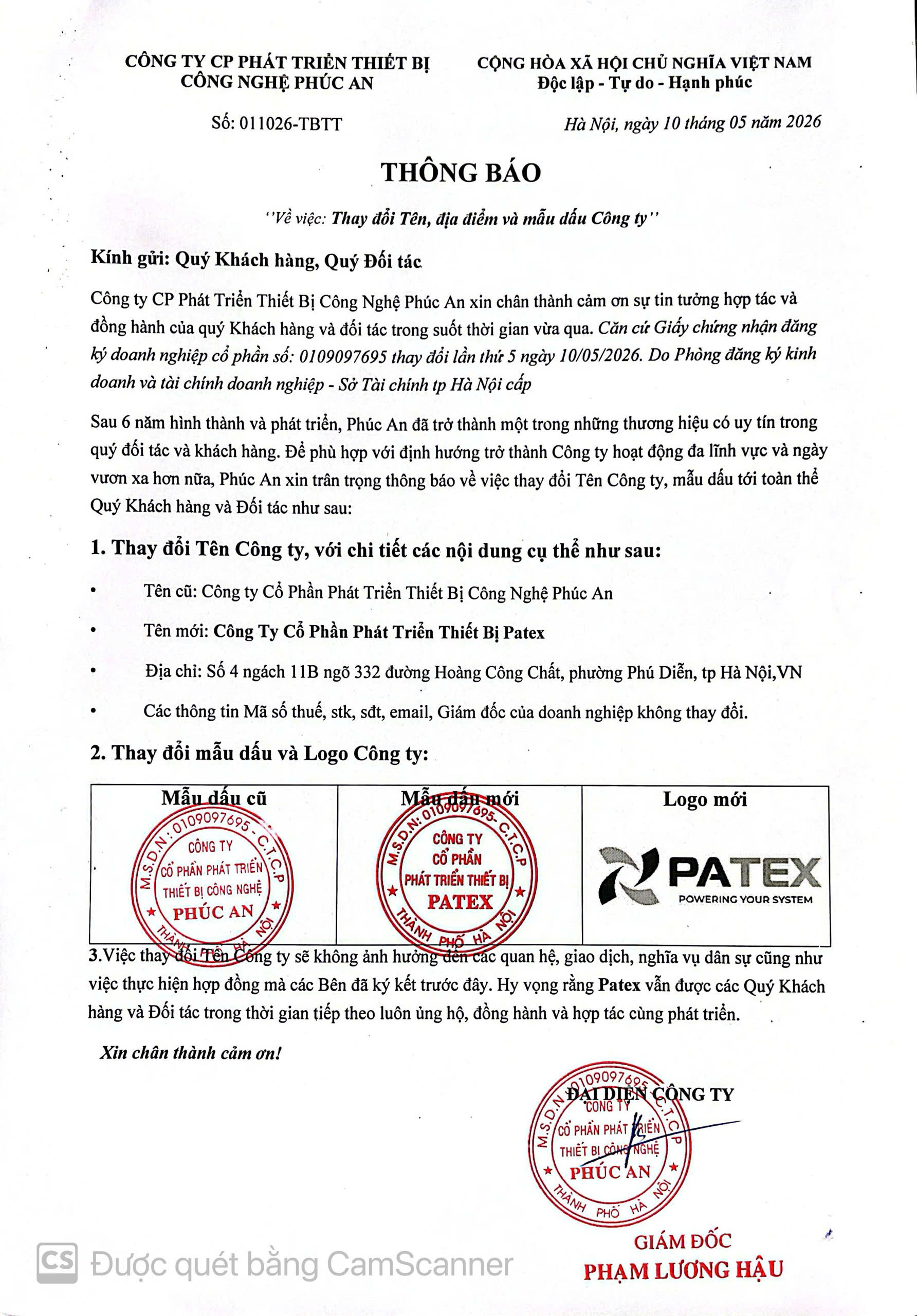 THÔNG BÁO - Thay đổi Tên, địa điểm và mẫu dấu Công ty